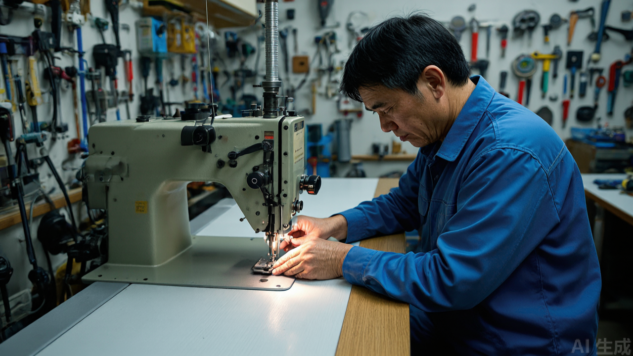 Technician installing presser foot on industrial sewing machine