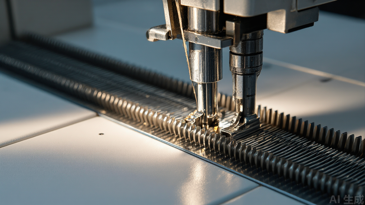 Close-up of feed dog teeth profile on industrial sewing machine