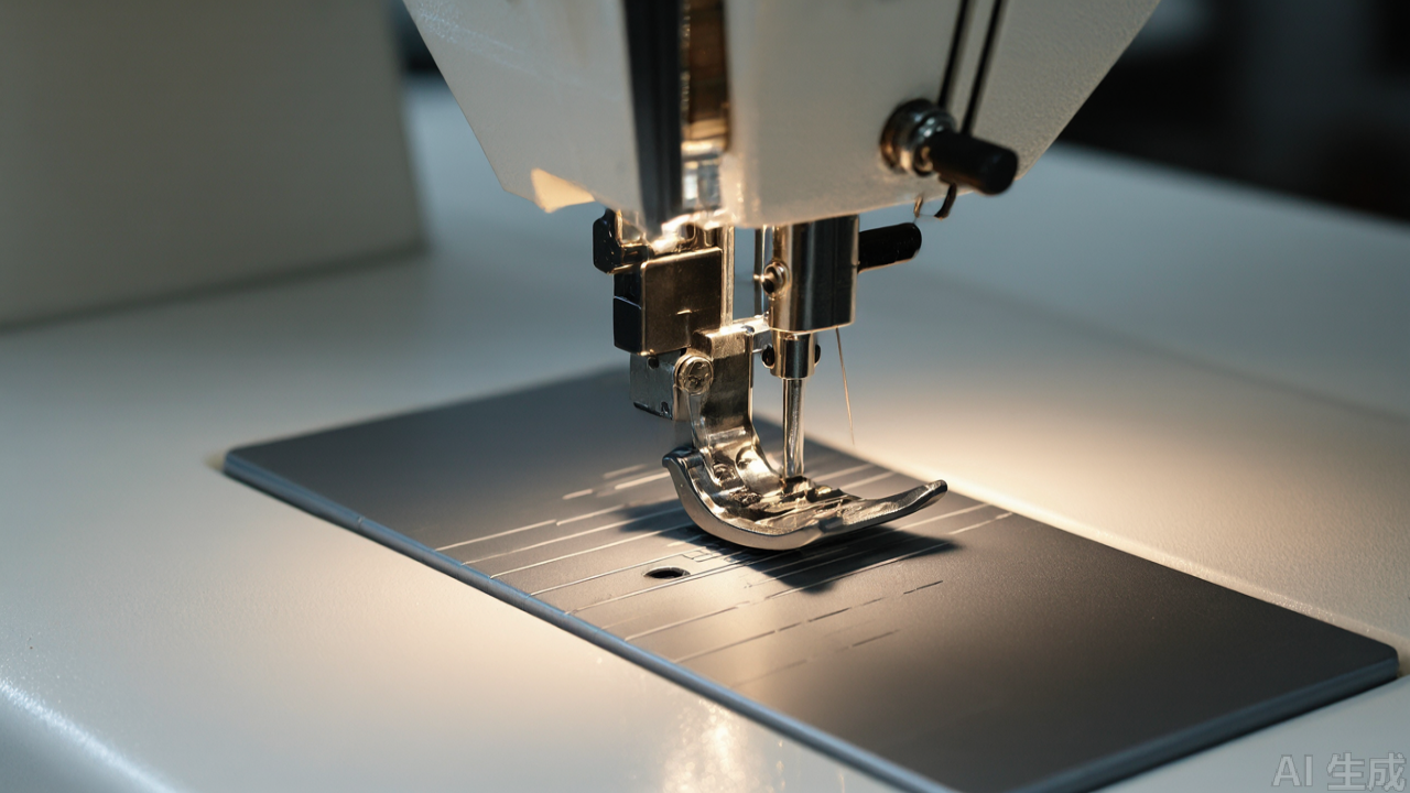 Industrial sewing machine presser foot with non-stick coating installed