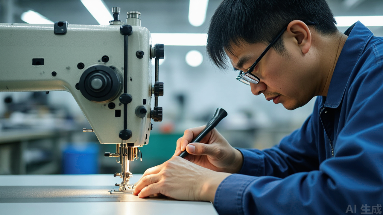 Technician installing replacement presser foot on industrial machine