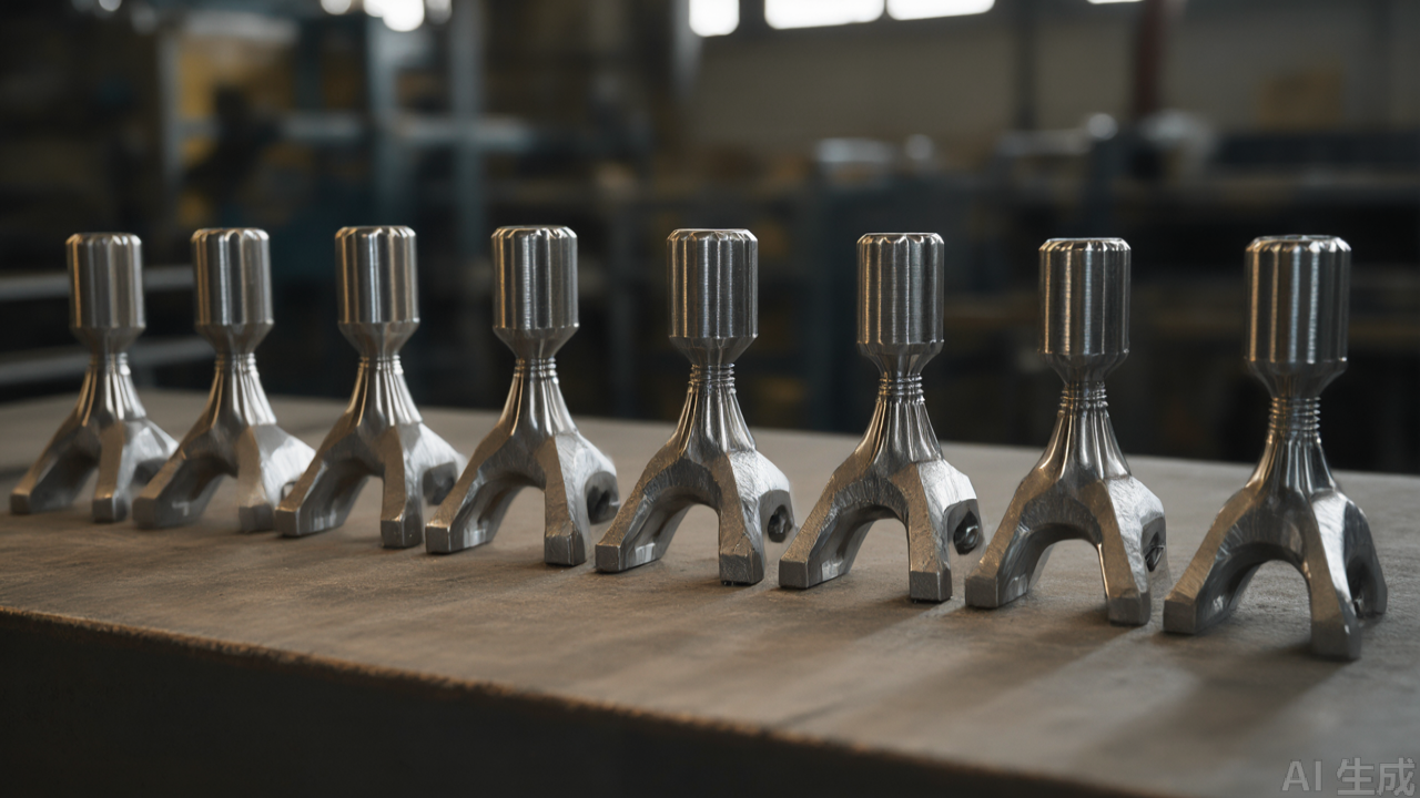Assorted industrial presser feet arranged on workbench