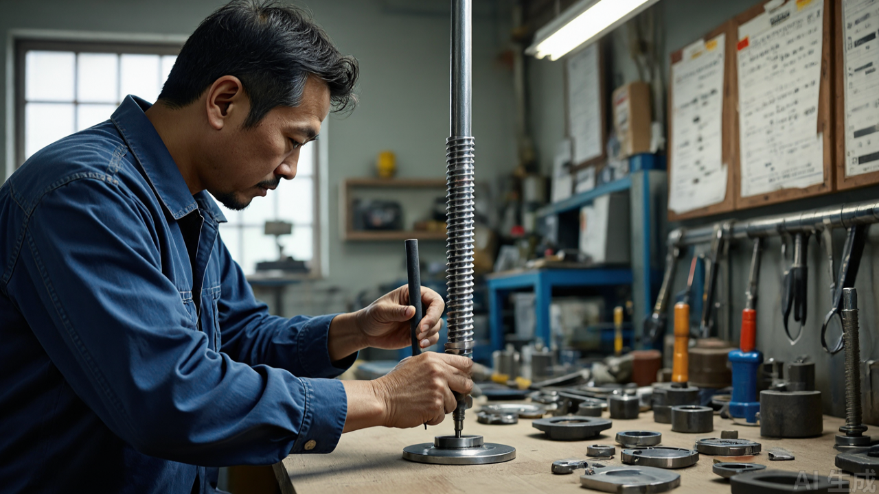 Technician adjusting folder mounting screws on cylinder bed coverstitch machine