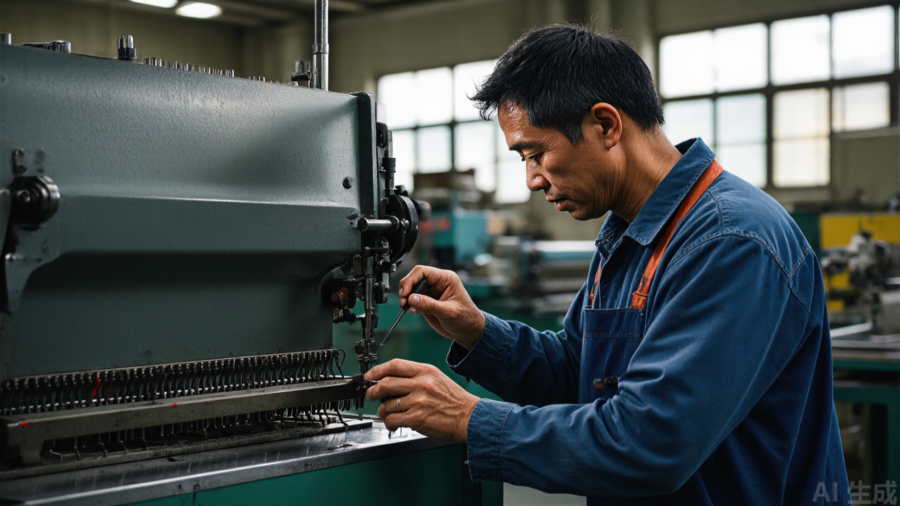 Technician adjusting the binder height on a sewing machine with a screwdriver Technician adjusting the binder height on a sewing machine with a screwdriver