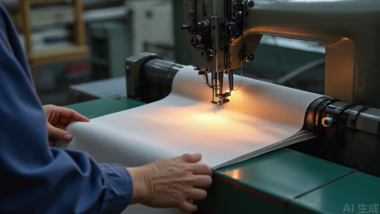 Operator feeding fabric into the binder during production Operator feeding fabric into the binder during production