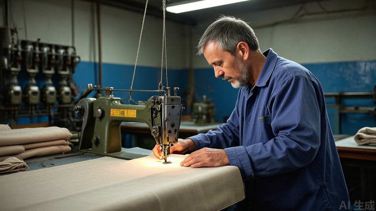 Operator guiding fabric through a binder on a flatbed sewing machine Operator guiding fabric through a binder on a flatbed sewing machine