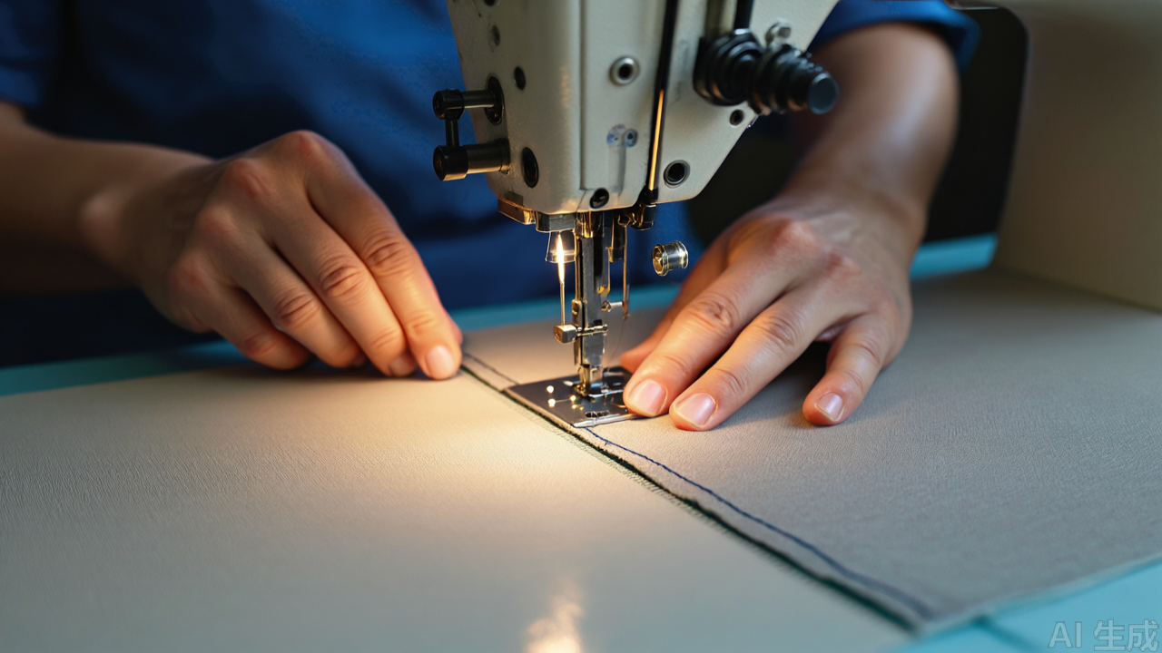 Operator guiding fabric edge against the presser foot guide during stitching Operator guiding fabric edge against the presser foot guide during stitching