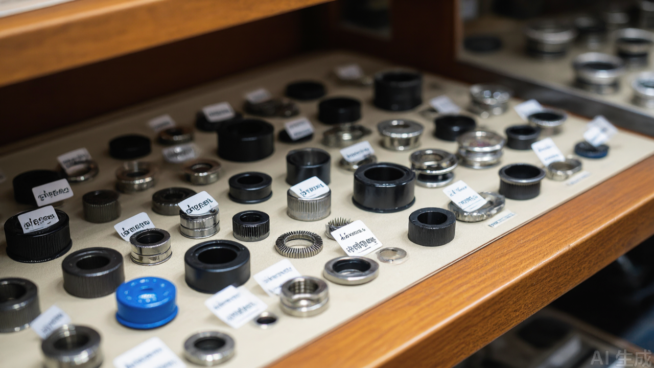 Rows of labeled sewing machine spare parts in a distributor display case Rows of labeled sewing machine spare parts in a distributor display case