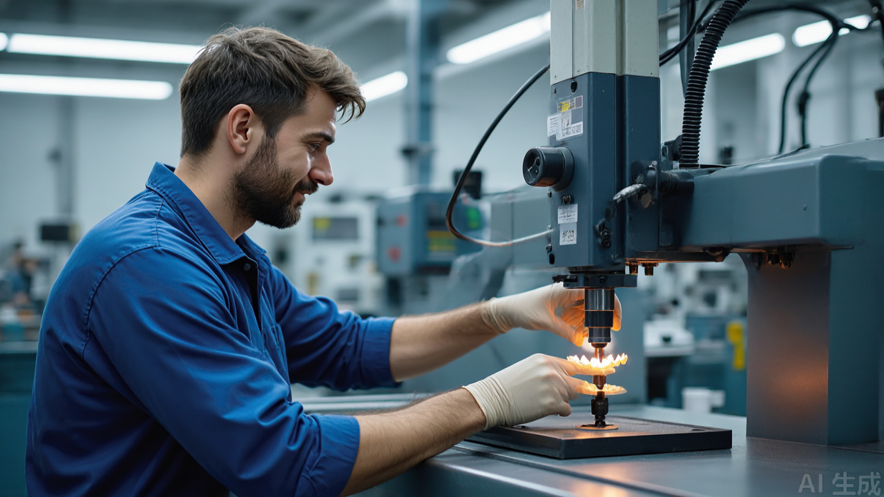 Técnico midiendo altura de diente de arrastre con calibrador en máquina industrial