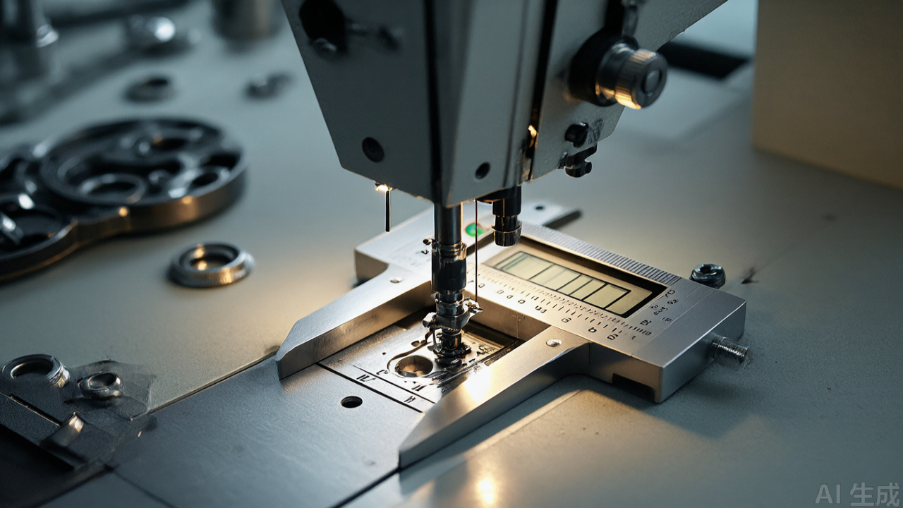 Digital caliper measuring presser foot base width on a workbench
