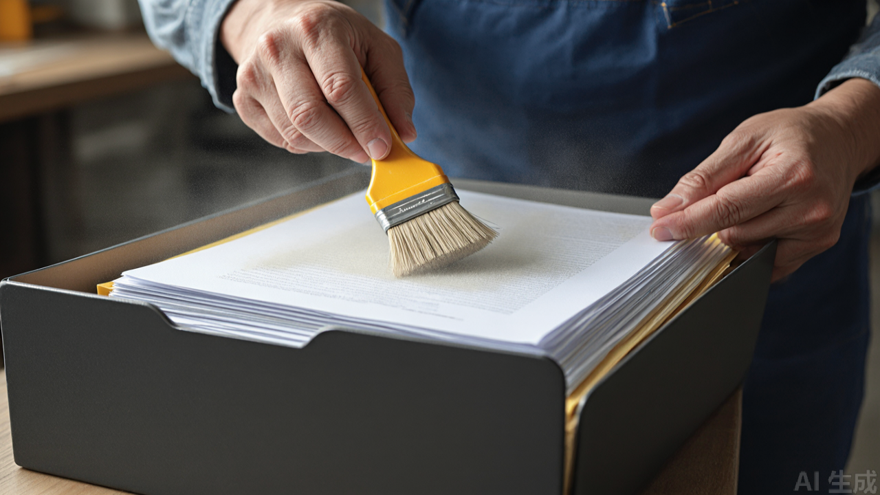 Technician cleaning lint from a serger feed mechanism