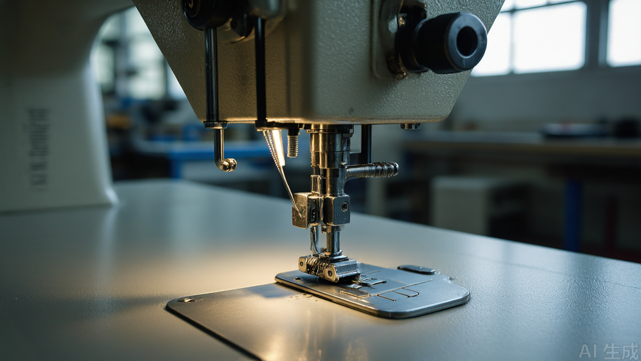 Close-up of adjustable metal guard plate and mounting screws on sewing machine