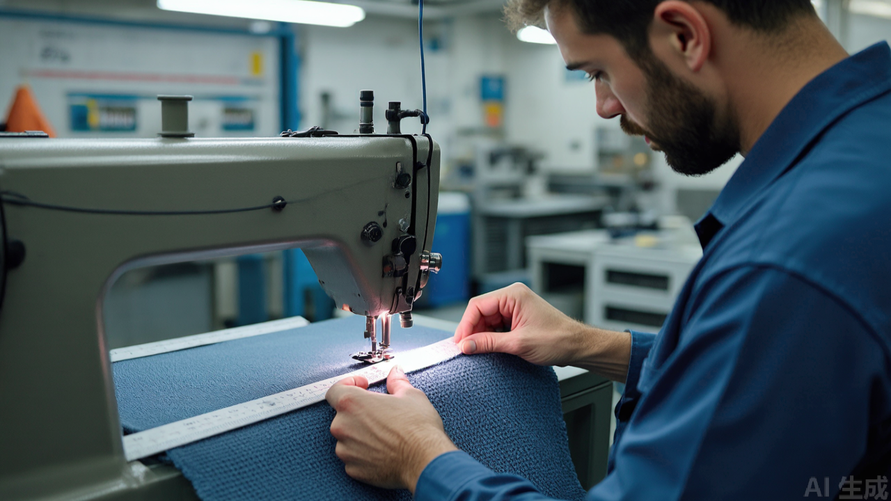 Operator guiding knit fabric edge against metal guide on overlock machine