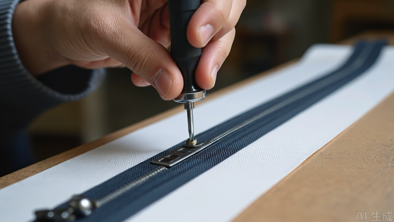 Close-up of zipper tape sliding through guide channel on presser foot, hands adjusting screw Close-up of zipper tape sliding through guide channel on presser foot, hands adjusting screw