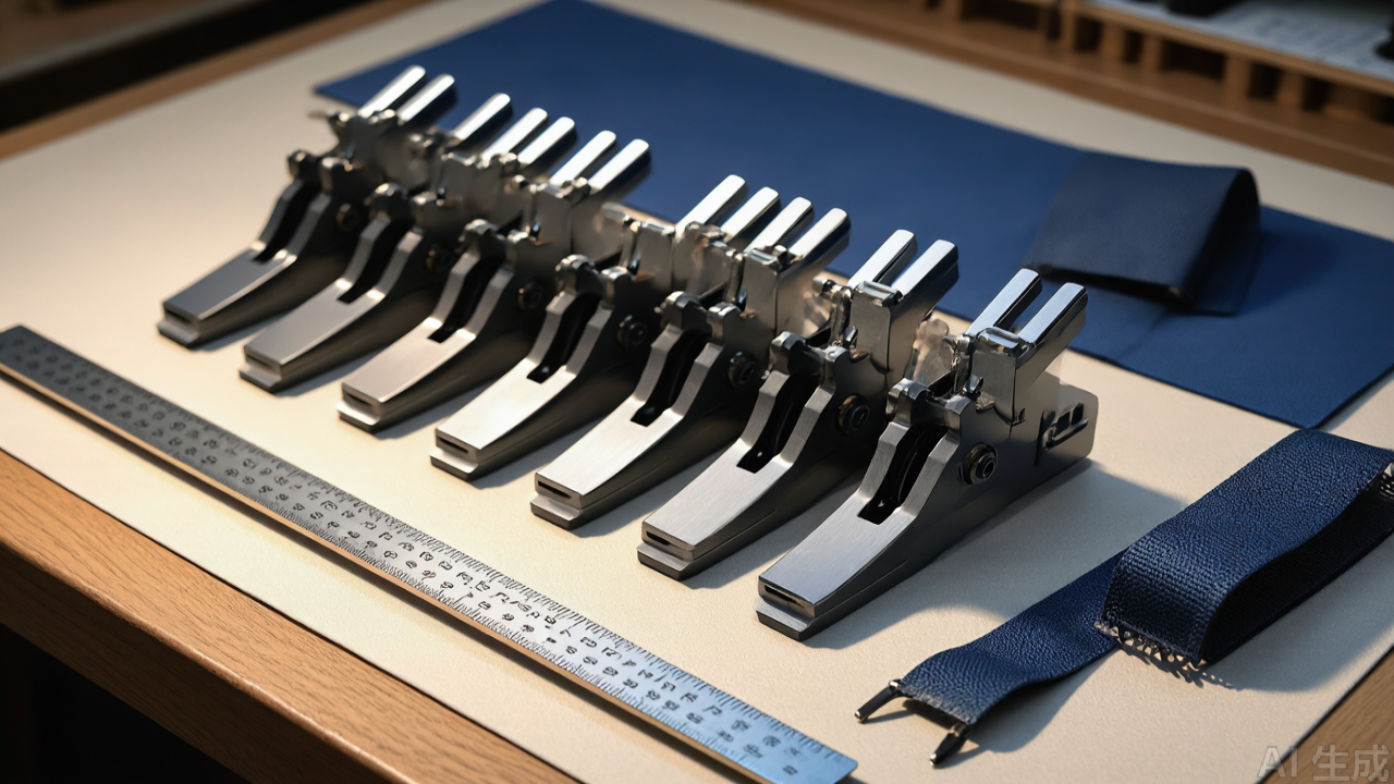 Row of assorted zipper guide presser feet on workshop bench, calipers and zipper samples nearby Row of assorted zipper guide presser feet on workshop bench, calipers and zipper samples nearby