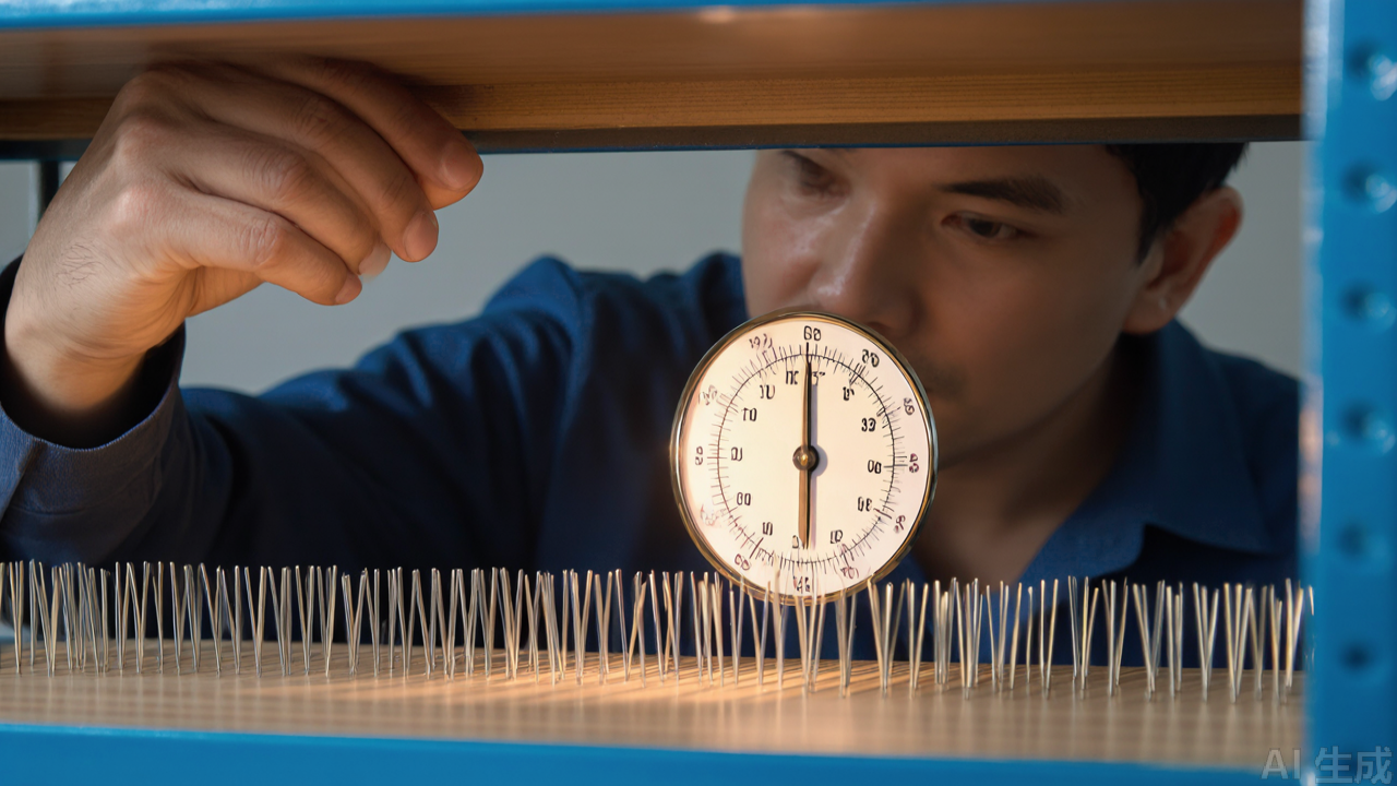 Buyer checking a needle plate sample at a components booth