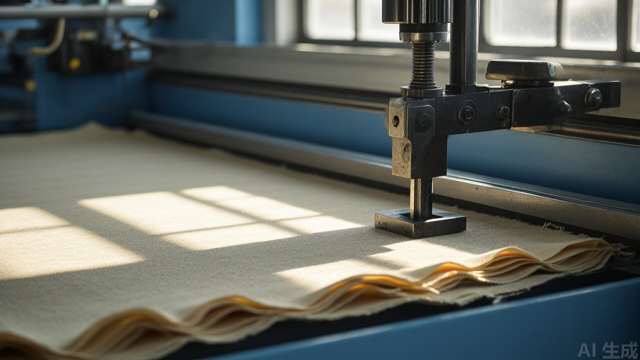 Cloth clamp holding a multi-ply fabric lay on a cutting table Cloth clamp holding a multi-ply fabric lay on a cutting table