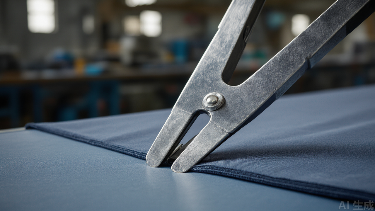 Close-up of a metal cloth clamp jaw pressing fabric plies Close-up of a metal cloth clamp jaw pressing fabric plies