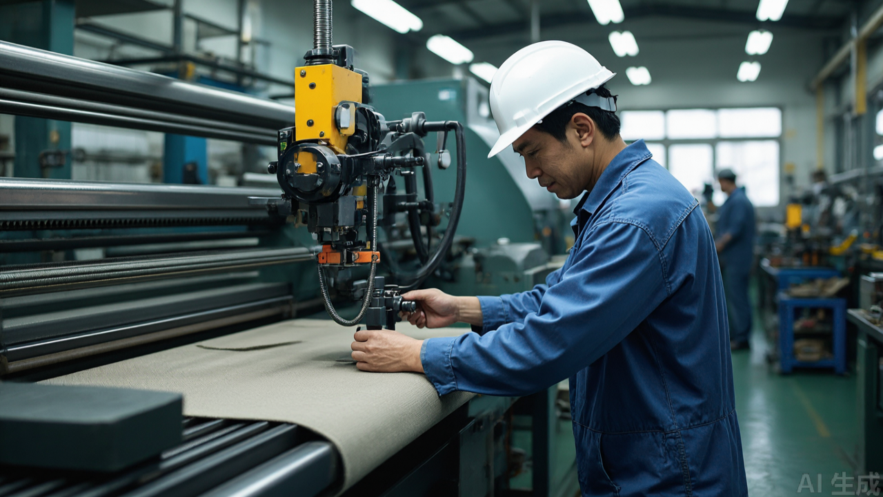 Technician adjusting a cloth clamp on an industrial cutting table Technician adjusting a cloth clamp on an industrial cutting table