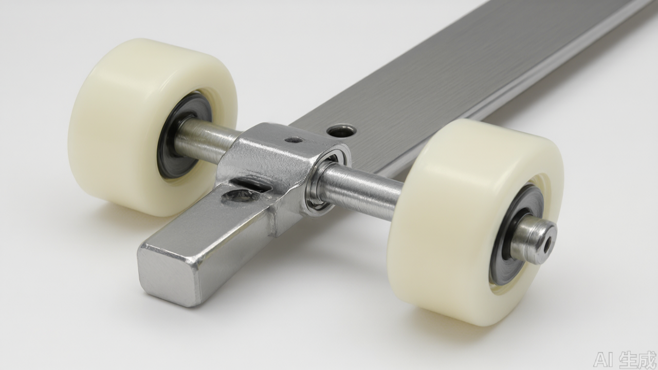 Disassembled view of roller presser foot showing steel head, narrow body, plastic roller and Teflon coating Disassembled view of roller presser foot showing steel head, narrow body, plastic roller and Teflon coating