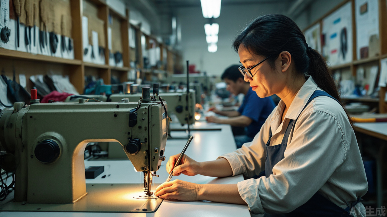 Technician adjusting presser foot pressure on industrial sewing machine in garment factory Technician adjusting presser foot pressure on industrial sewing machine in garment factory