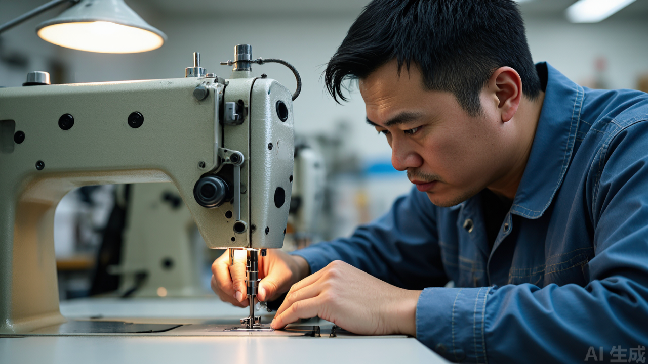 Technician adjusting presser foot screw with screwdriver on lockstitch machine