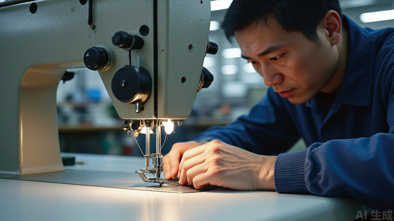 Technician installing roller presser foot on industrial lockstitch machine presser bar