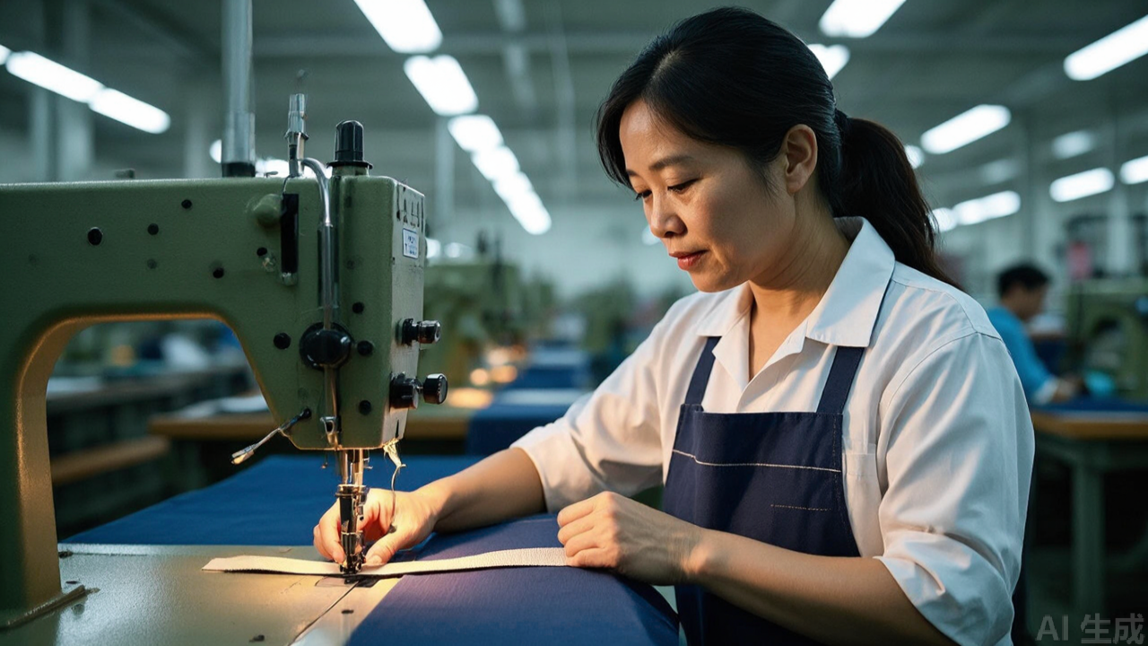 Operator threading elastic through waistband casing with inserter tool