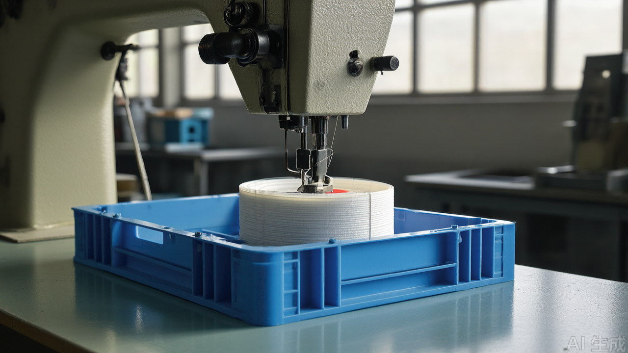 Binding tape tray mounted on lockstitch machine head column Binding tape tray mounted on lockstitch machine head column