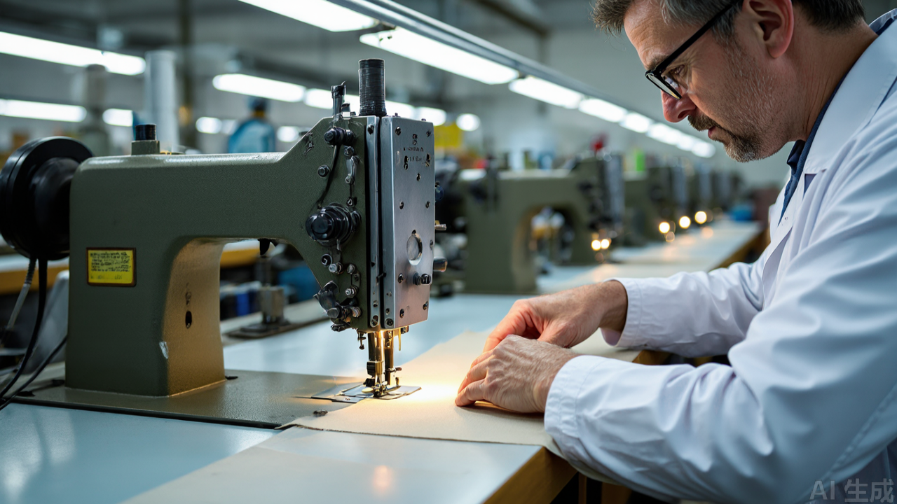 Operator hand-feeding fabric edge into a binding folder on a lockstitch machine