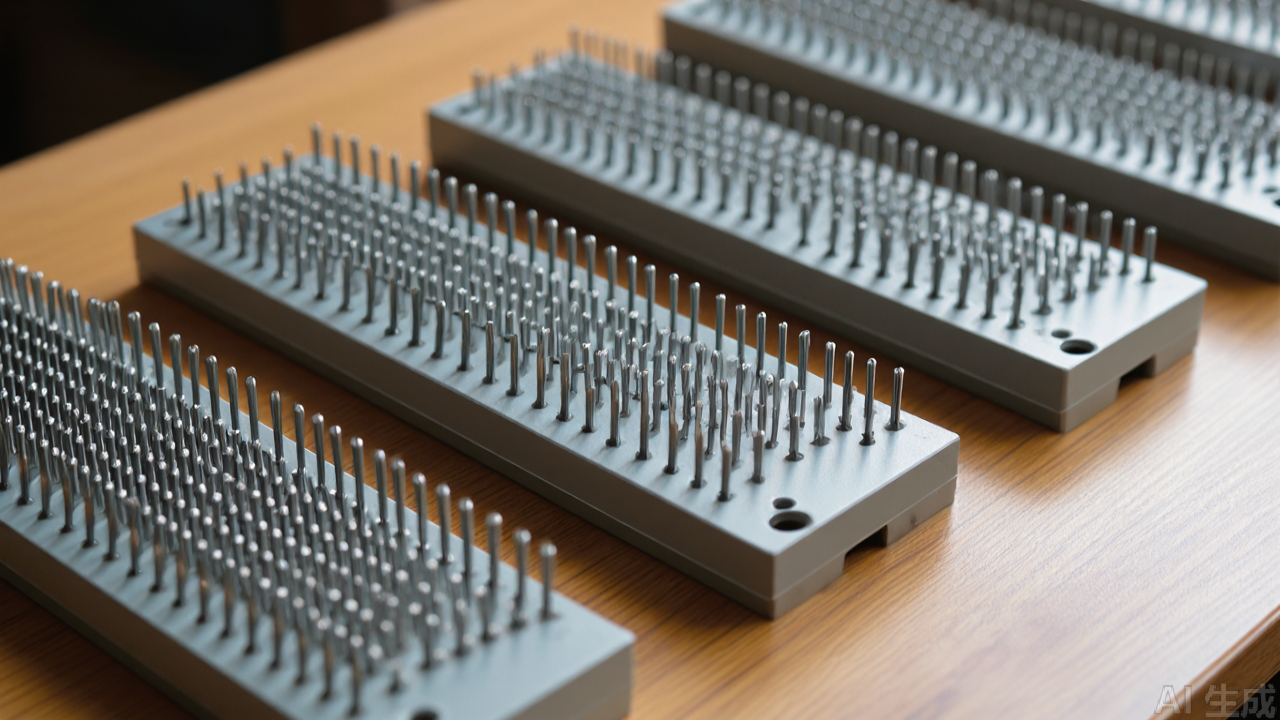 Needle plates with different slot widths laid out beside needles