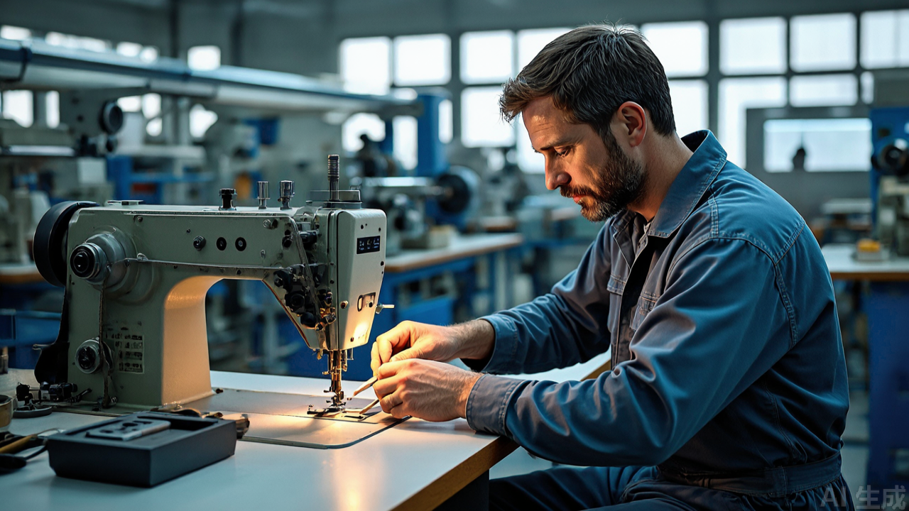 Technician adjusting servo motor and belt alignment on industrial sewing machine