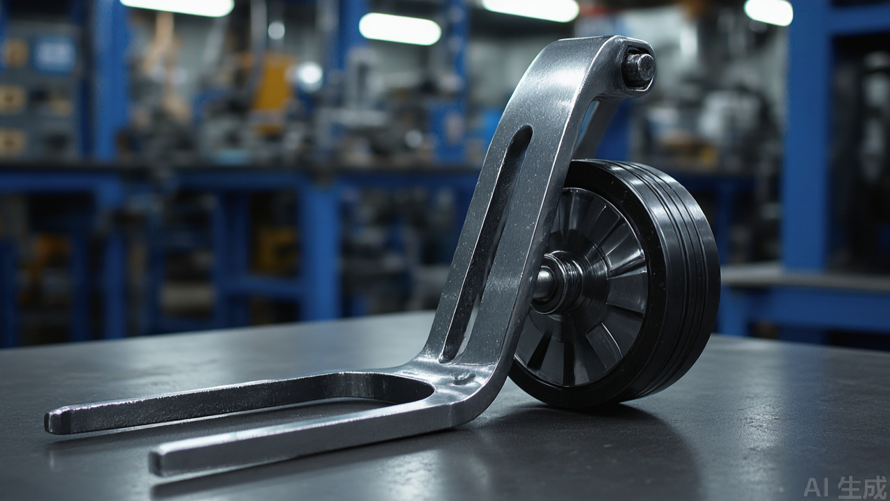 Close-up of roller wheel and fork assembly on presser foot Close-up of roller wheel and fork assembly on presser foot