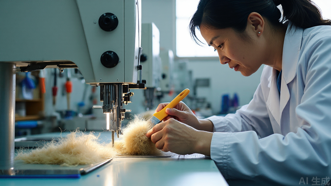 Technician cleaning lint from presser foot fork with brush Technician cleaning lint from presser foot fork with brush
