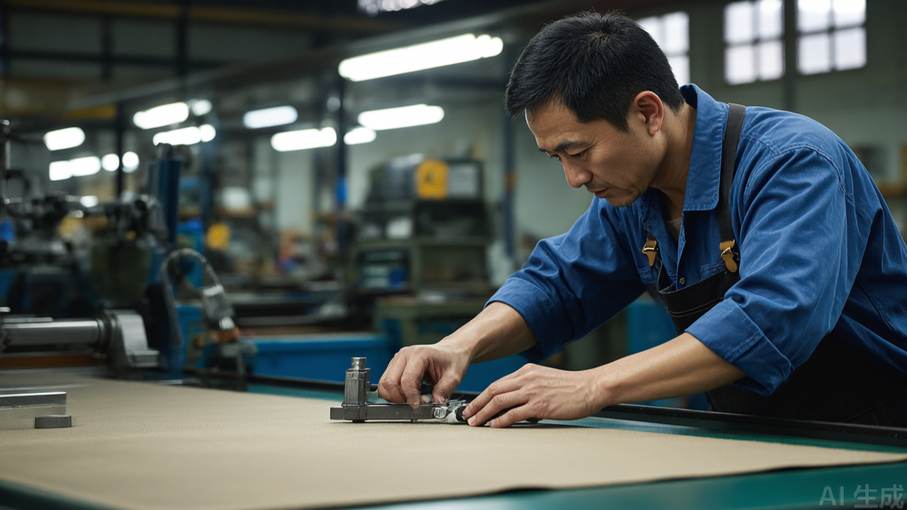Operator positioning metal clamps along the edge of a fabric lay before cutting Operator positioning metal clamps along the edge of a fabric lay before cutting