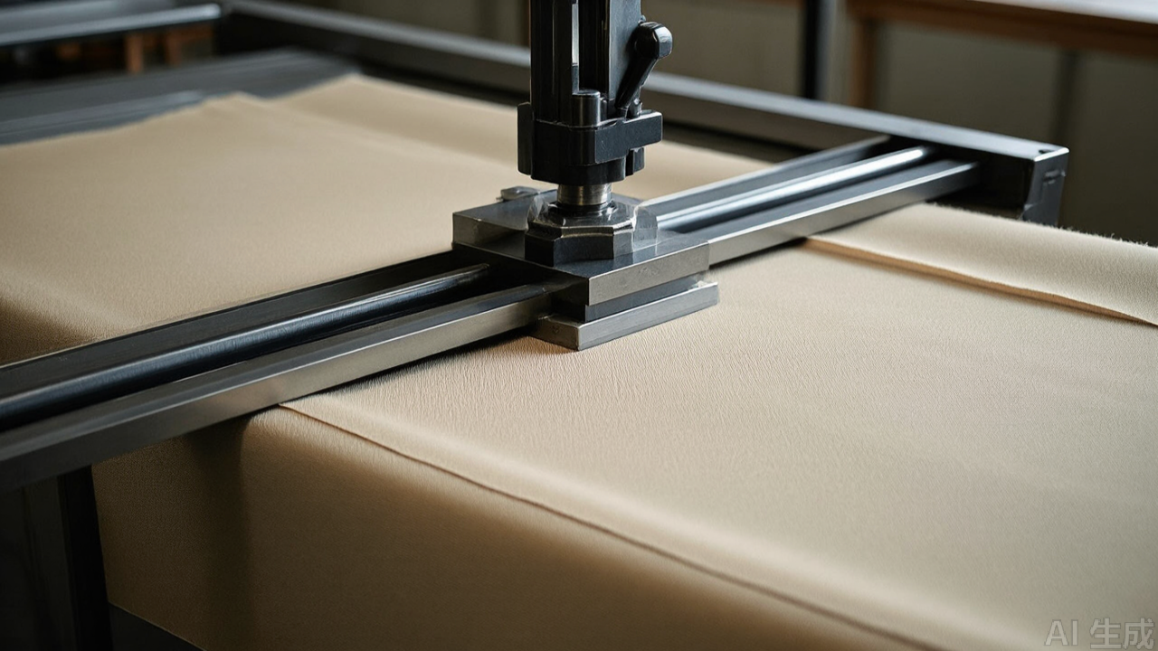 Stainless steel cutting weights holding layered fabric on a cutting table Stainless steel cutting weights holding layered fabric on a cutting table