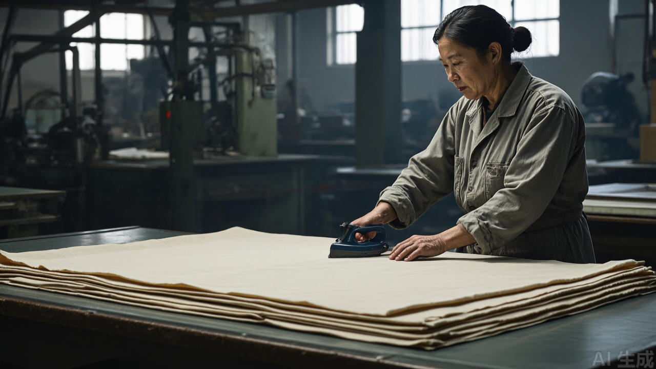Cutting room worker placing fabric weights along the edge of a fabric lay Cutting room worker placing fabric weights along the edge of a fabric lay