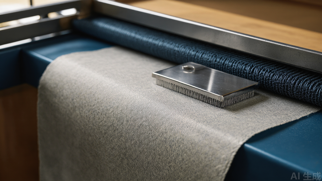 Close-up of a polished stainless steel fabric weight on woven fabric, cutting table edge visible Close-up of a polished stainless steel fabric weight on woven fabric, cutting table edge visible