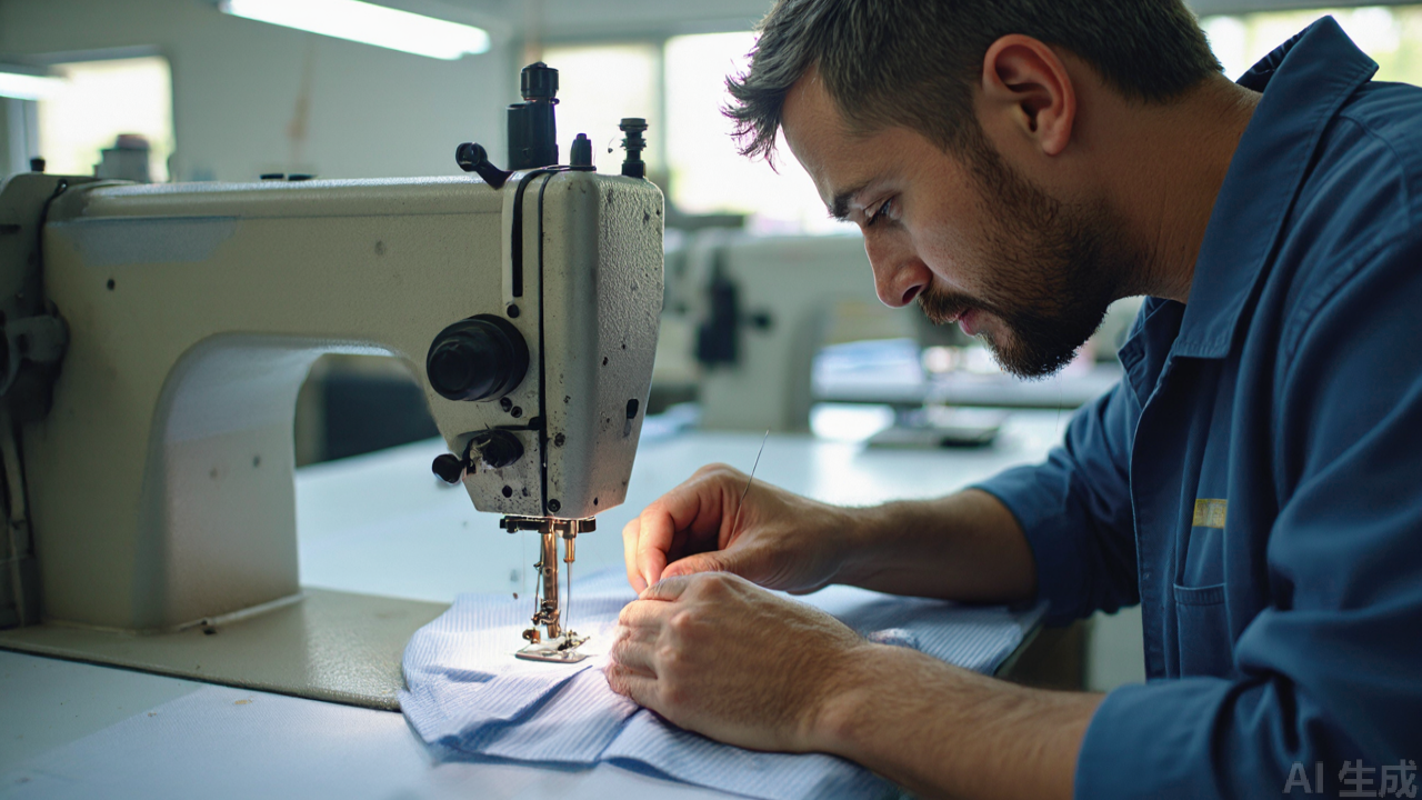 Presser foot sewing collar seam on industrial lockstitch machine in garment factory Presser foot sewing collar seam on industrial lockstitch machine in garment factory