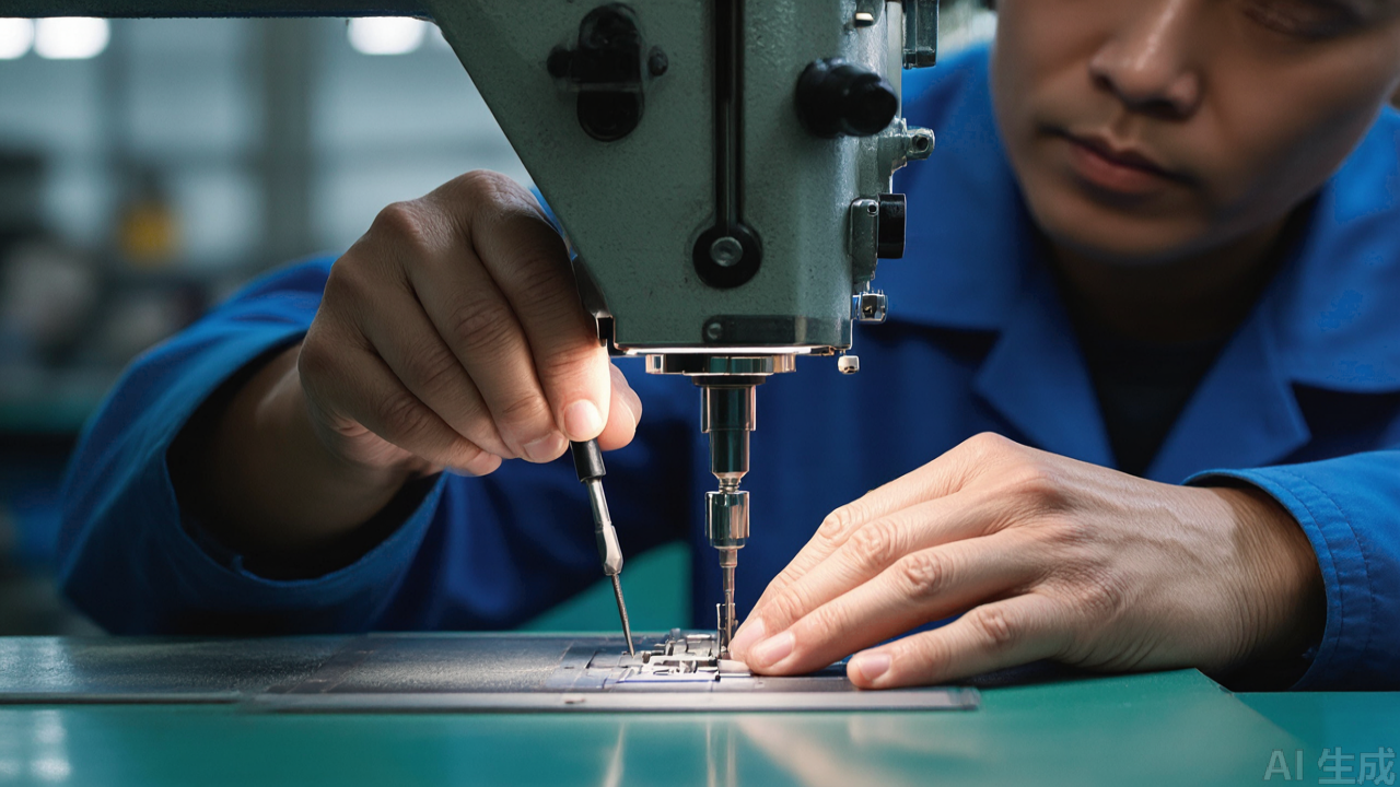 Technician adjusting presser foot pressure on overlock machine