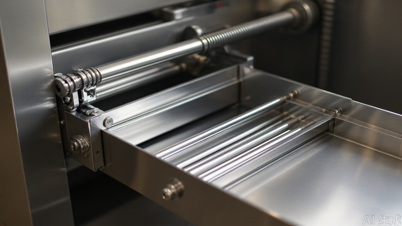 Close-up of hinged flap on stainless steel overlock collar guide showing open channel Close-up of hinged flap on stainless steel overlock collar guide showing open channel