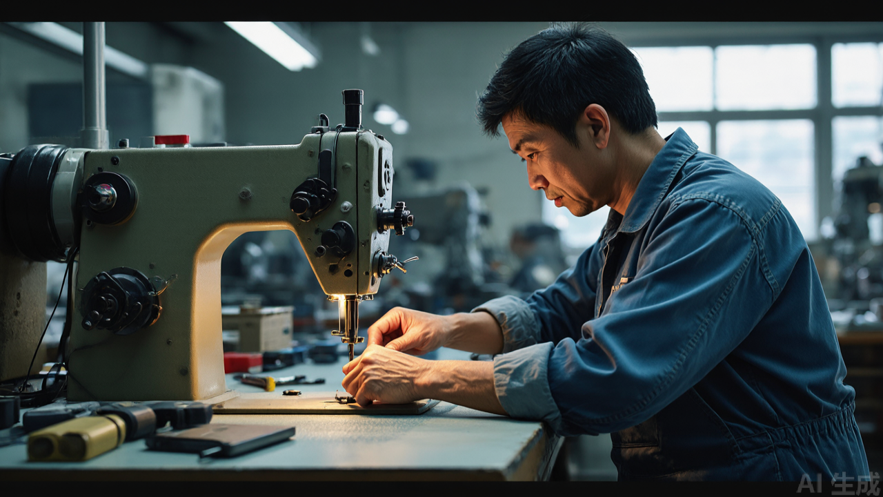 Operator adjusting screw-mounted collar guide on industrial overlock machine in garment factory Operator adjusting screw-mounted collar guide on industrial overlock machine in garment factory