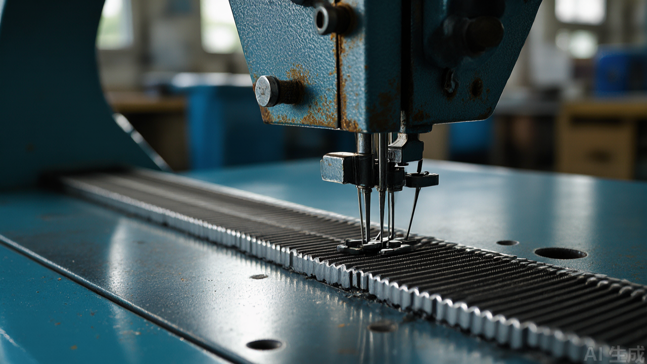 Close-up of industrial lockstitch machine needle plate and feed dog Close-up of industrial lockstitch machine needle plate and feed dog