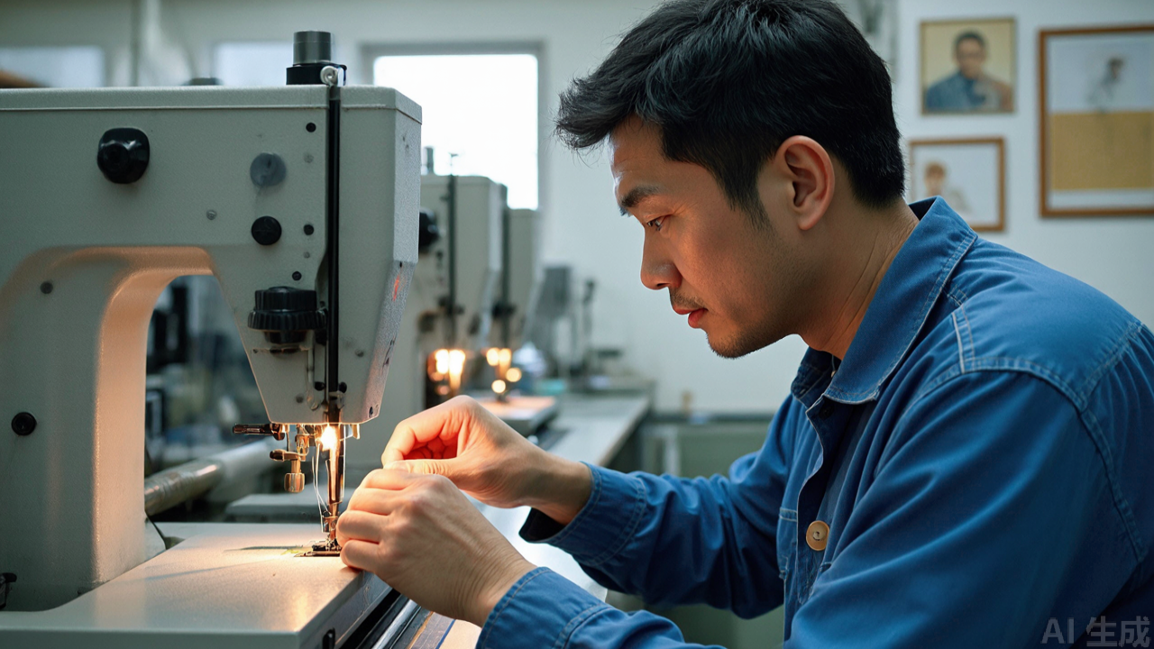 Technician inspecting thread tension on overlock machine Technician inspecting thread tension on overlock machine