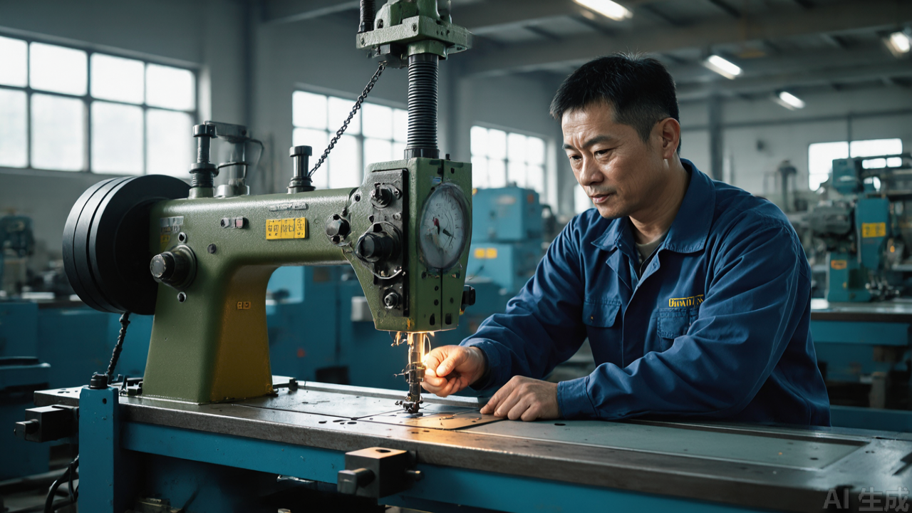 Technician measuring presser foot pressure with spring gauge on industrial lockstitch machine Technician measuring presser foot pressure with spring gauge on industrial lockstitch machine