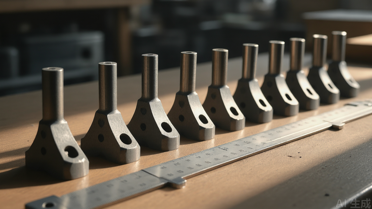Row of industrial presser feet sorted by type with measurement calipers on workshop bench Row of industrial presser feet sorted by type with measurement calipers on workshop bench