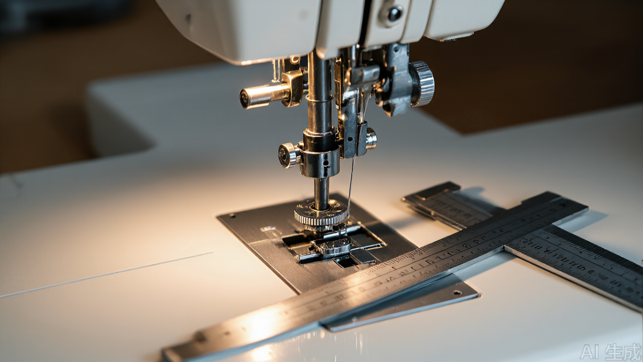 Industrial sewing machine bobbin case and rotary hook assembly with calipers measuring bobbin dimensions Industrial sewing machine bobbin case and rotary hook assembly with calipers measuring bobbin dimensions