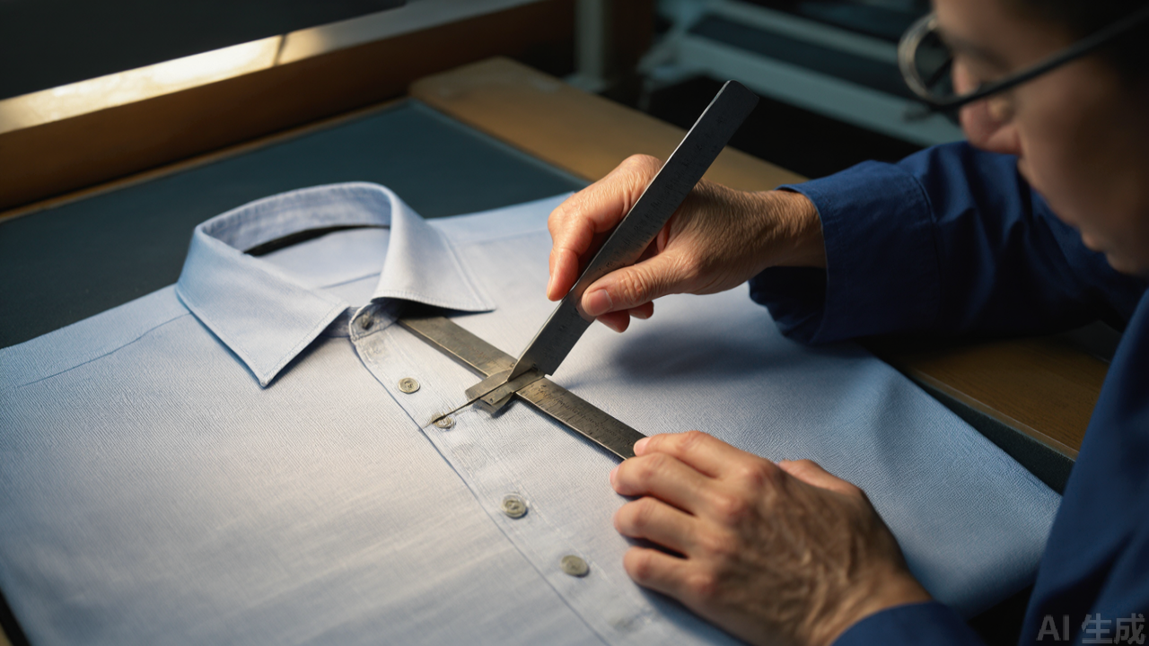 Technician measuring topstitch distance on shirt collar test piece Technician measuring topstitch distance on shirt collar test piece