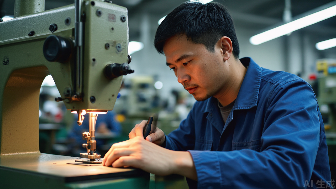 Technician installing presser foot on industrial lockstitch machine Technician installing presser foot on industrial lockstitch machine