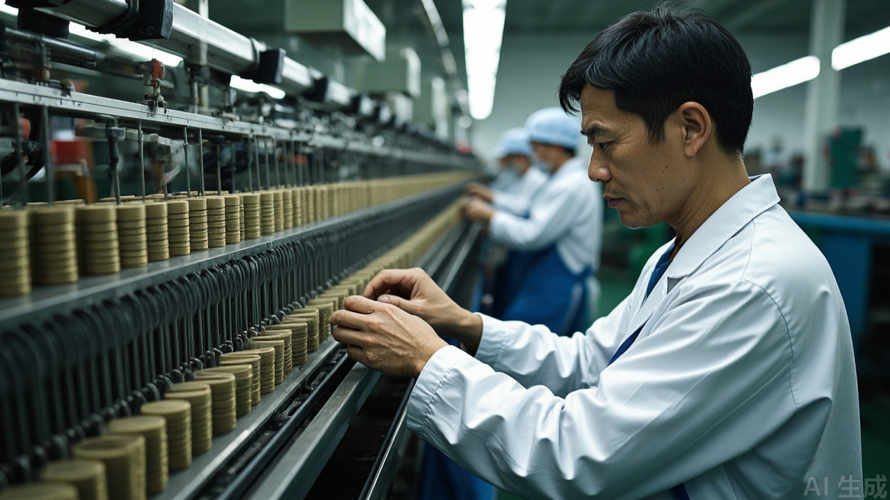 Operator loading bobbins into holder on overlock machine Operator loading bobbins into holder on overlock machine