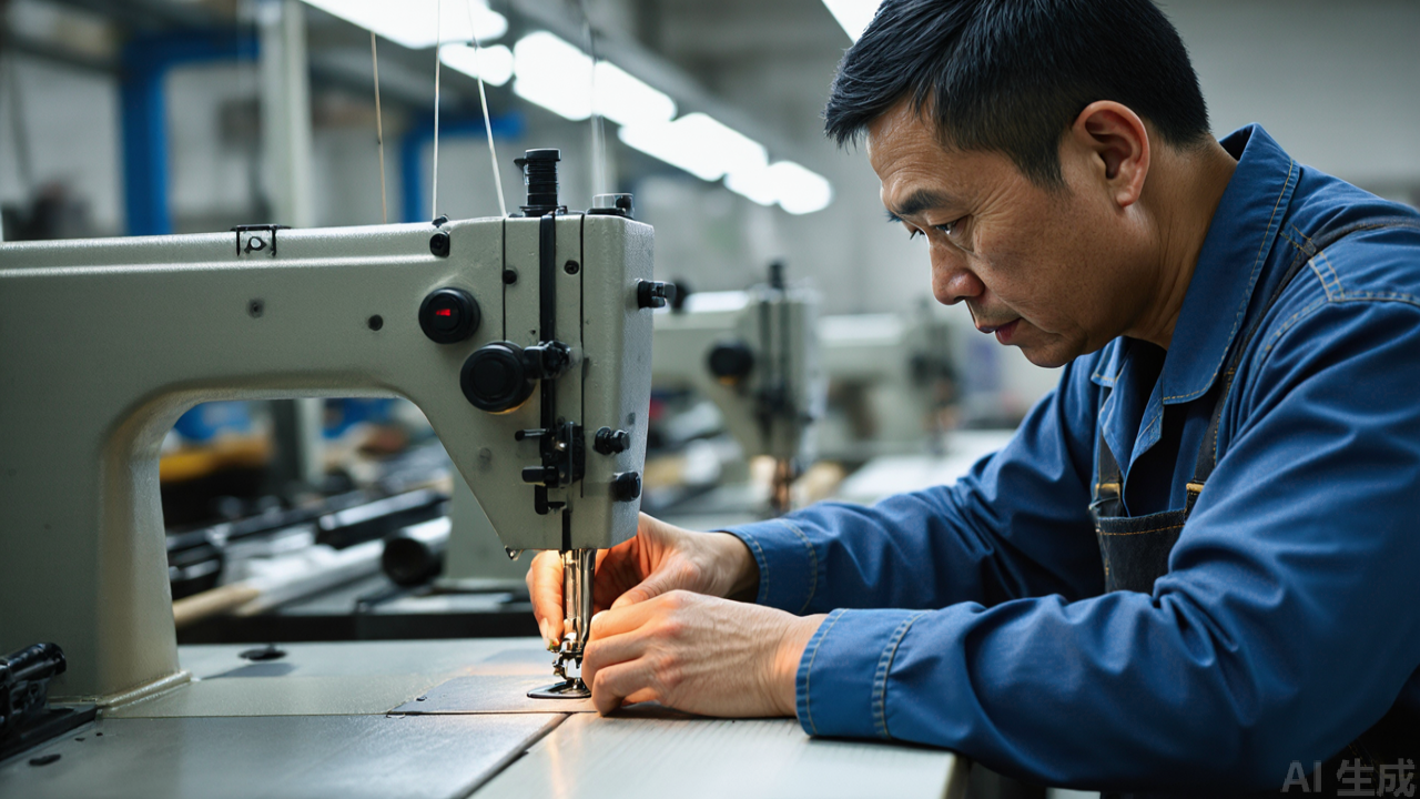Technician adjusting presser foot pressure on industrial lockstitch machine in garment factory